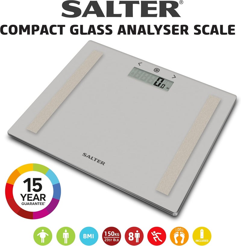 Salter 9113 GY3R Digital Bathroom Scale Analyser Body Weight Scale Max 150kg Measure WeightBody Fat Water BMI Toughened Glass Platform 8 User Memory Athlete Mode Slim Storage Design Grey - Image 3