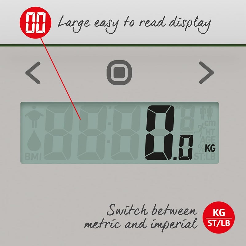 Salter 9113 GY3R Digital Bathroom Scale Analyser Body Weight Scale Max 150kg Measure WeightBody Fat Water BMI Toughened Glass Platform 8 User Memory Athlete Mode Slim Storage Design Grey - Image 4