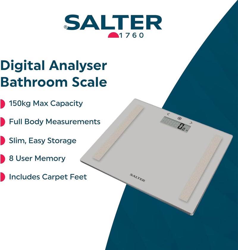 Salter 9113 GY3R Digital Bathroom Scale Analyser Body Weight Scale Max 150kg Measure WeightBody Fat Water BMI Toughened Glass Platform 8 User Memory Athlete Mode Slim Storage Design Grey - Image 2