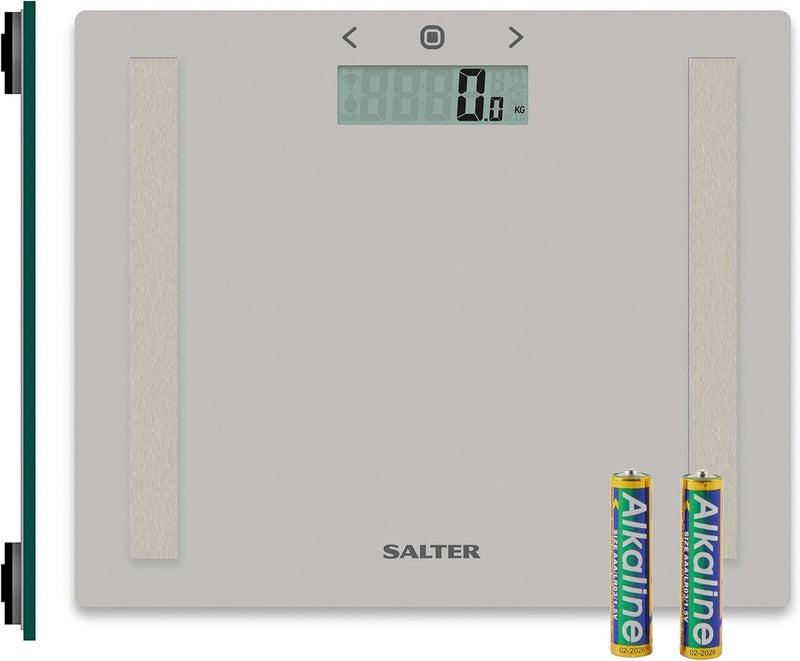 Salter 9113 GY3R Digital Bathroom Scale Analyser Body Weight Scale Max 150kg Measure WeightBody Fat Water BMI Toughened Glass Platform 8 User Memory Athlete Mode Slim Storage Design Grey - Image 1