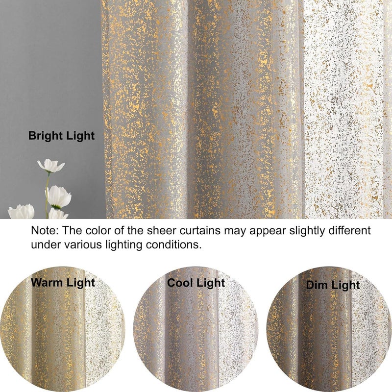 TERLYTEX Gold Grey Curtains 63 Inch Length, Metallic Gold Foil Spray Spots Printed Sparkle Grey Sheer Curtains for Bedroom, Grommet Window Sparkle Sheer Curtains, 52 x 63 Inch, 2 Panels Set, Gold Grey - Image 3