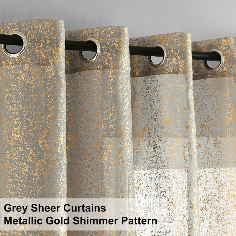 TERLYTEX Gold Grey Curtains 63 Inch Length, Metallic Gold Foil Spray Spots Printed Sparkle Grey Sheer Curtains for Bedroom, Grommet Window Sparkle Sheer Curtains, 52 x 63 Inch, 2 Panels Set, Gold Grey - Image 2