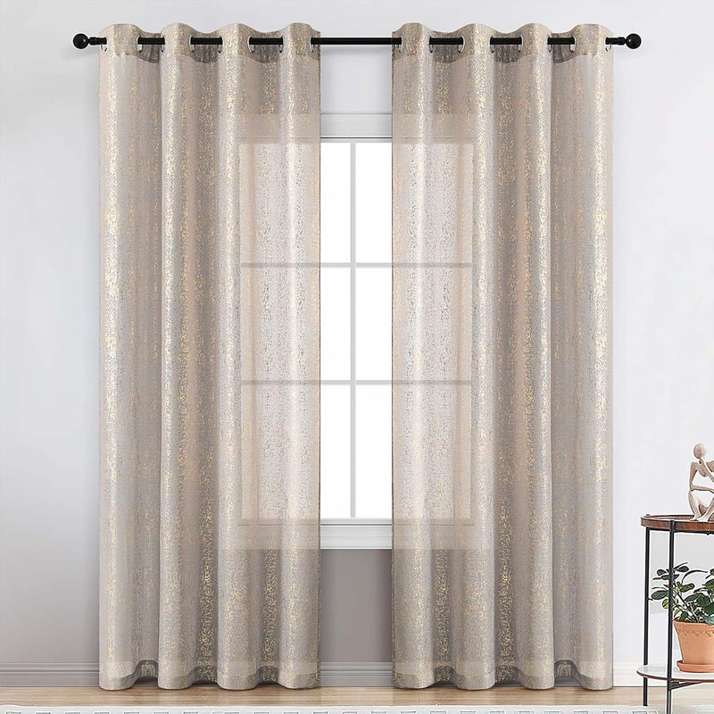 TERLYTEX Gold Grey Curtains 63 Inch Length, Metallic Gold Foil Spray Spots Printed Sparkle Grey Sheer Curtains for Bedroom, Grommet Window Sparkle Sheer Curtains, 52 x 63 Inch, 2 Panels Set, Gold Grey - Image 1