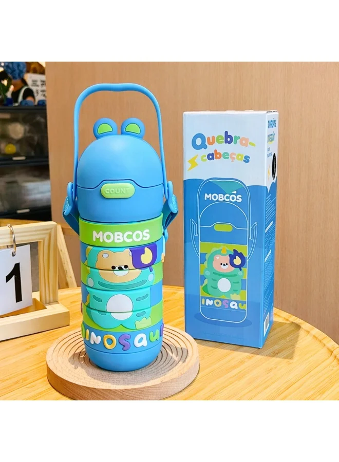 Mobcos Puzzle Swirl W Bottle Blue Stainless Steel Kids Puzzle Swirl Water Bottle with Straw & Strap Double Wall Vacuum Insulated Educational, Fun and Learning Water Bottle for Kids, Girls and Boys Leak Proof 430ml (Blue)  | Best Price UAE