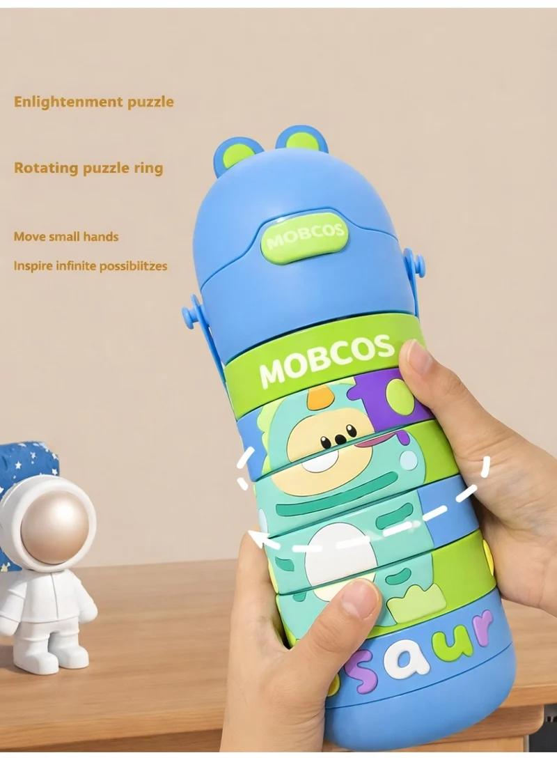 Mobcos Puzzle Swirl W Bottle Blue Stainless Steel Kids Puzzle Swirl Water Bottle with Straw & Strap Double Wall Vacuum Insulated Educational, Fun and Learning Water Bottle for Kids, Girls and Boys Leak Proof 430ml (Blue)  | Best Price UAE