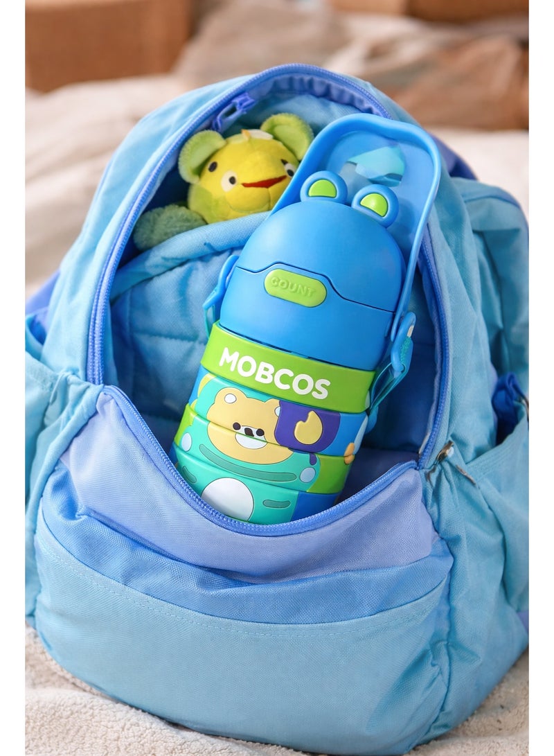 موبكوس زجاجة مياه من الفولاذ المقاوم للصدأ للأطفال مع شفاطة وحزام، معزولة بالفراغ، مزدوجة الجدار، زجاجة مياه تعليمية ممتعة للأطفال والبنات والأولاد، مانعة للتسرب، سعة 430 مل (أزرق) - Image 5