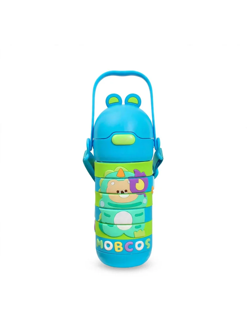 Mobcos Stainless Steel Kids Puzzle Swirl Water Bottle with Straw & Strap Double Wall Vacuum Insulated Educational, Fun and Learning Water Bottle for Kids, Girls and Boys Leak Proof 430ml (Blue)