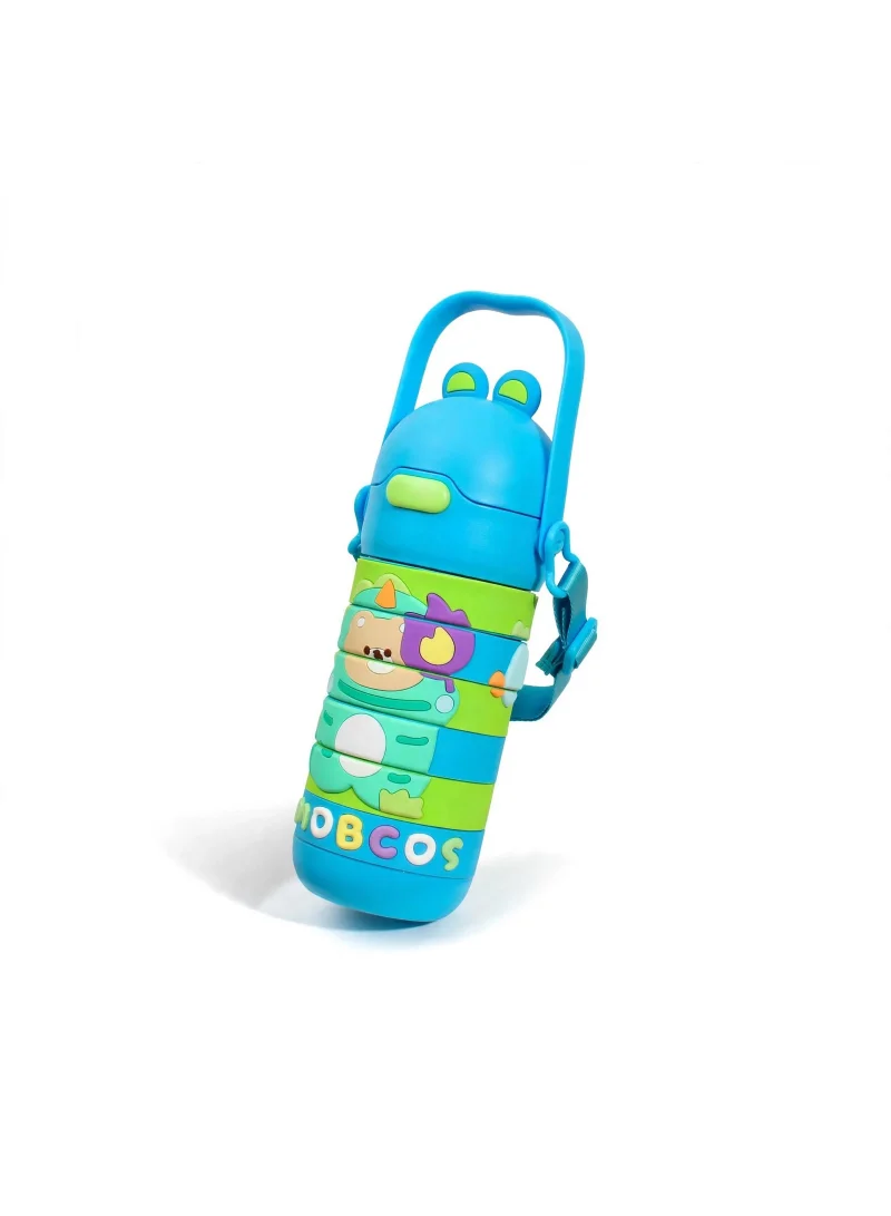 Mobcos Stainless Steel Kids Puzzle Swirl Water Bottle with Straw & Strap Double Wall Vacuum Insulated Educational, Fun and Learning Water Bottle for Kids, Girls and Boys Leak Proof 430ml (Blue)
