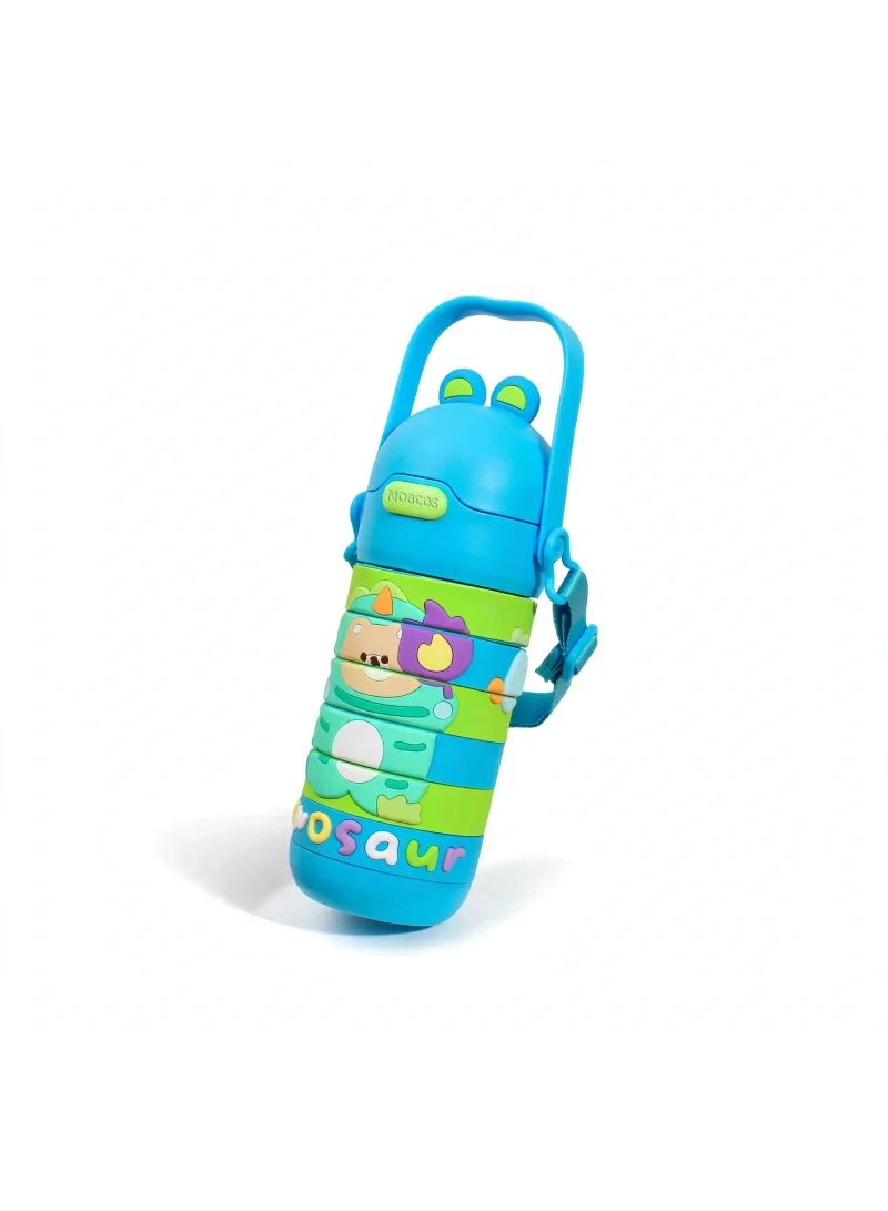 Mobcos Stainless Steel Kids Puzzle Swirl Water Bottle with Straw & Strap Double Wall Vacuum Insulated Educational, Fun and Learning Water Bottle for Kids, Girls and Boys Leak Proof 430ml (Blue)