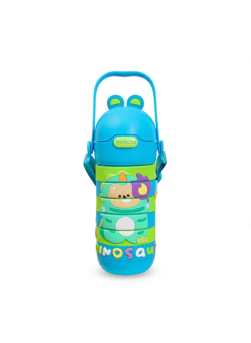 Mobcos Stainless Steel Kids Puzzle Swirl Water Bottle with Straw & Strap Double Wall Vacuum Insulated Educational, Fun and Learning Water Bottle for Kids, Girls and Boys Leak Proof 430ml (Blue)