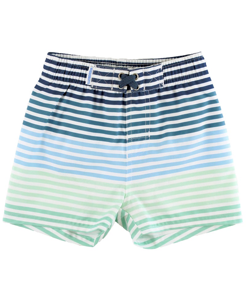 RUGGEDBUTTS Boys UPF50+ Sun Protection Striped Color Block Swim Trunks - Green, 12-18m - Image 1