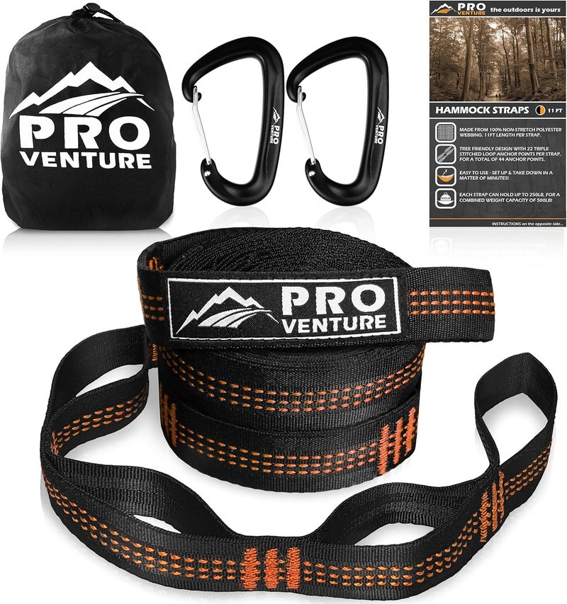Pro Venture Hammock Straps and Carabiners Set | 22 Feet Total, 44+2 Loops | 1200lbs Breaking Strength (500lbs Rated) | Non-Stretch, Lightweight, Portable - Quick Setup | Heavy Duty, Tree Friendly - Image 1