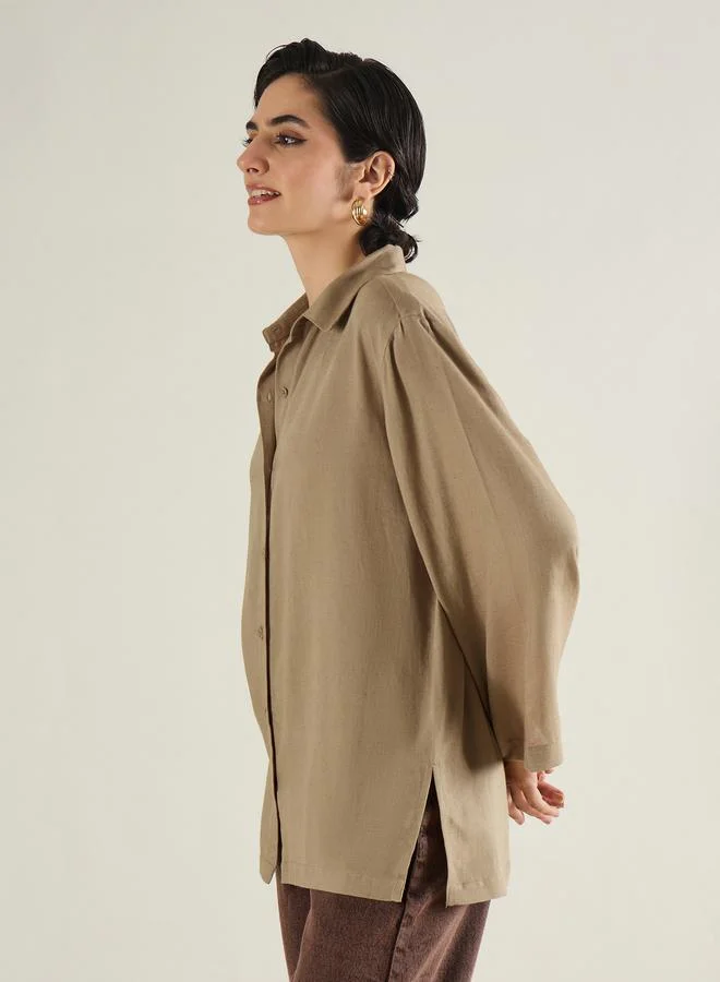 SASSAFRAS Women Beige Linen Oversized Shirt