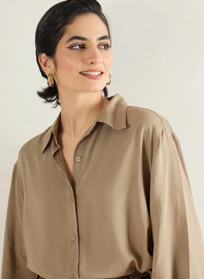 SASSAFRAS Women Beige Linen Oversized Shirt