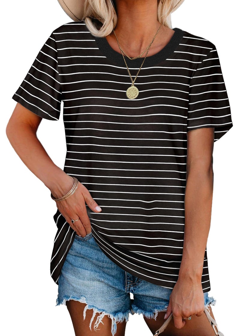 Jescakoo Summer Tops for Women 2026 Trendy Oversized Tshirts Spring Break Essential Plus Size Clothes Beach Vacation Cute Outfits Dressy Casual Blouses Short Sleeve T Shirts Loose Fit Striped Tops Black XL - Image 4