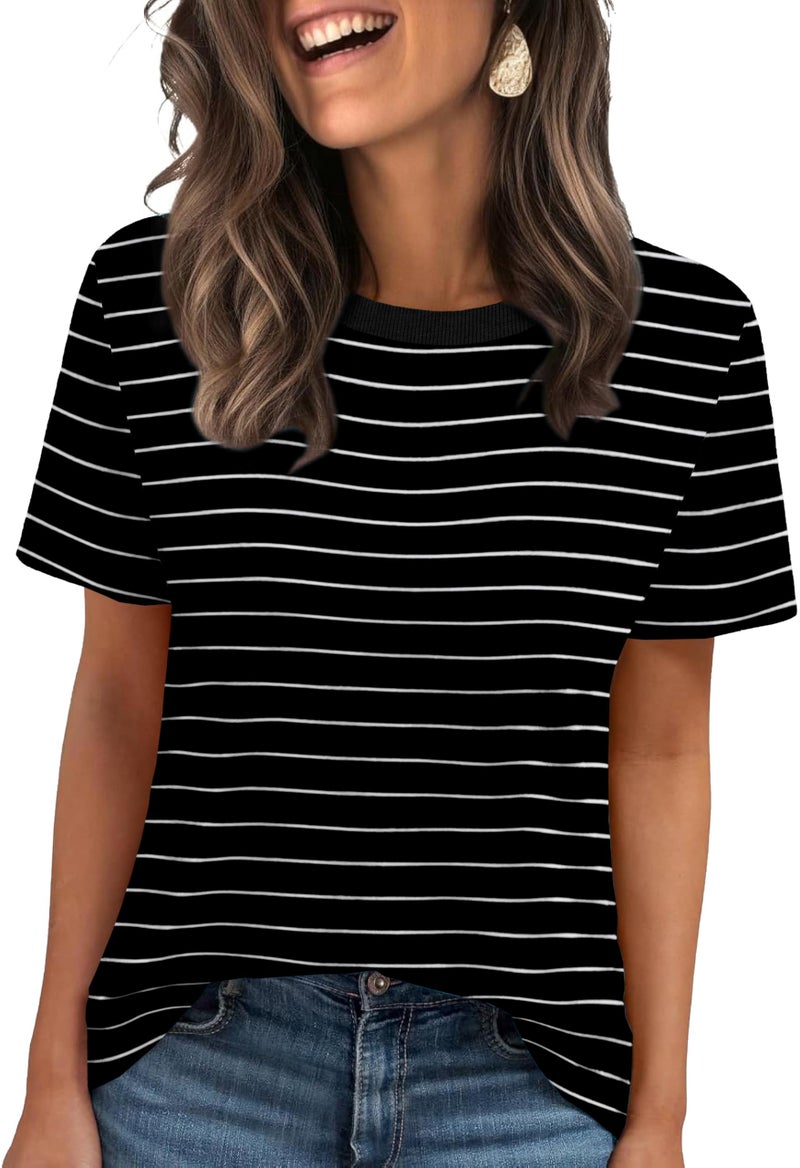 Jescakoo Summer Tops for Women 2026 Trendy Oversized Tshirts Spring Break Essential Plus Size Clothes Beach Vacation Cute Outfits Dressy Casual Blouses Short Sleeve T Shirts Loose Fit Striped Tops Black XL - Image 1