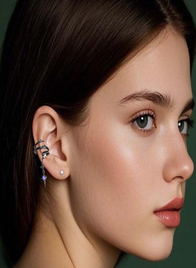 Jemant Goth Ear Cuff Earrings For Women Non Piercing Black Cross Chain Dangle Blue Cubic Zirconia Thorns Ear Bone Clip On Climber Cartilage Crawler Vintage Gothic Earring Cuffs And Wraps For Ears, Metal, - Image 3