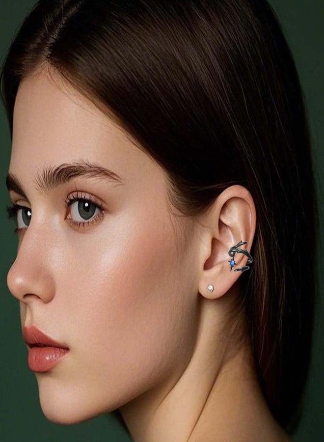 Jemant Goth Ear Cuff Earrings For Women Non Piercing Black Cross Chain Dangle Blue Cubic Zirconia Thorns Ear Bone Clip On Climber Cartilage Crawler Vintage Gothic Earring Cuffs And Wraps For Ears, Metal, - Image 2