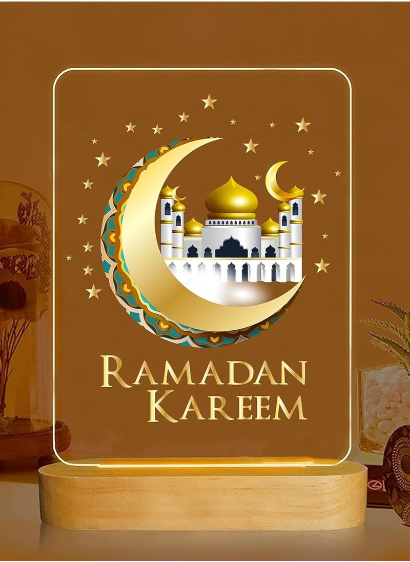 Generic - Ramadan Decorations LED Night Table Lamp with base Festival Decoration Color Lighting Islamic Art & Calligraphy Wooden Oval Base - Image 1