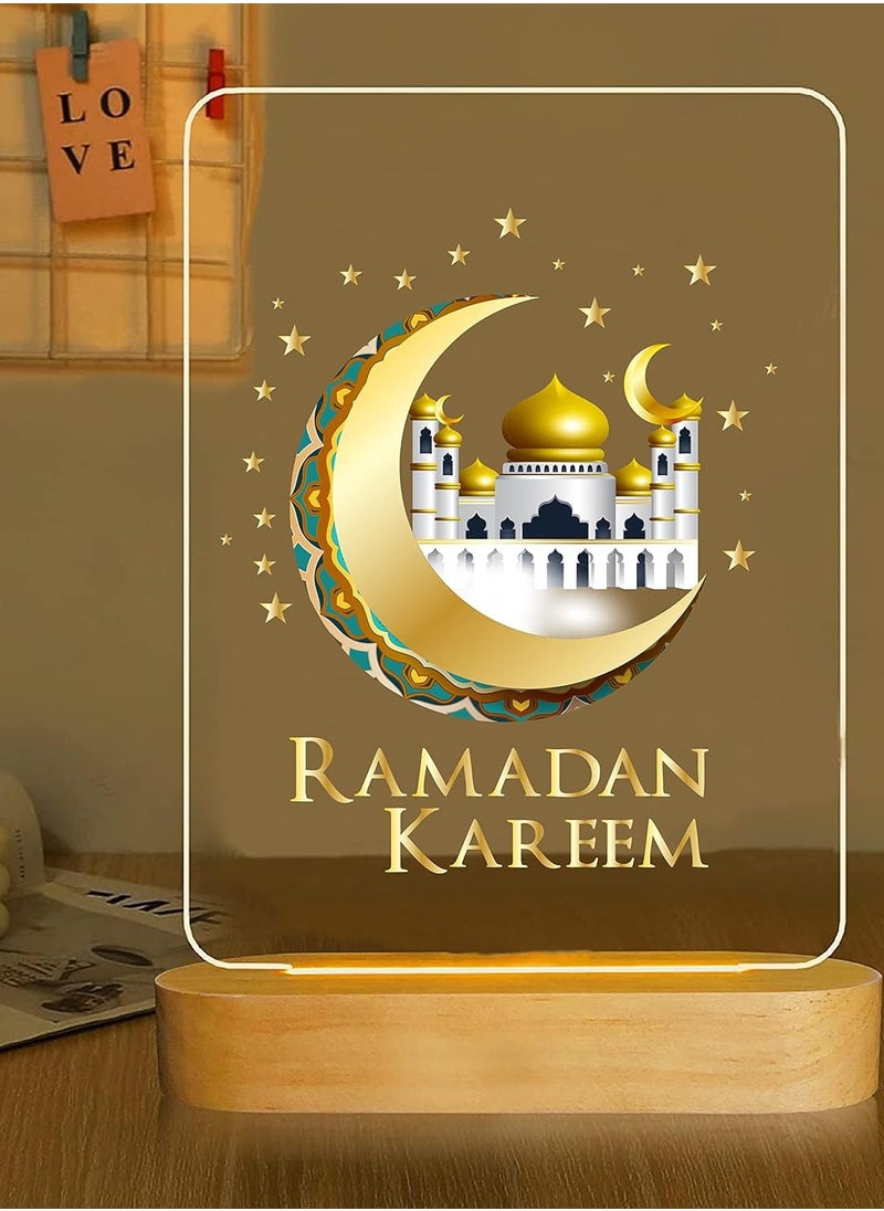 Generic - Ramadan Decorations LED Night Table Lamp with base Festival Decoration Color Lighting Islamic Art & Calligraphy Wooden Oval Base - Image 1