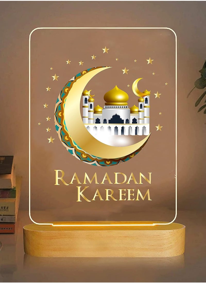 Generic - Ramadan Decorations LED Night Table Lamp with base Festival Decoration Color Lighting Islamic Art & Calligraphy Wooden Oval Base - Image 1