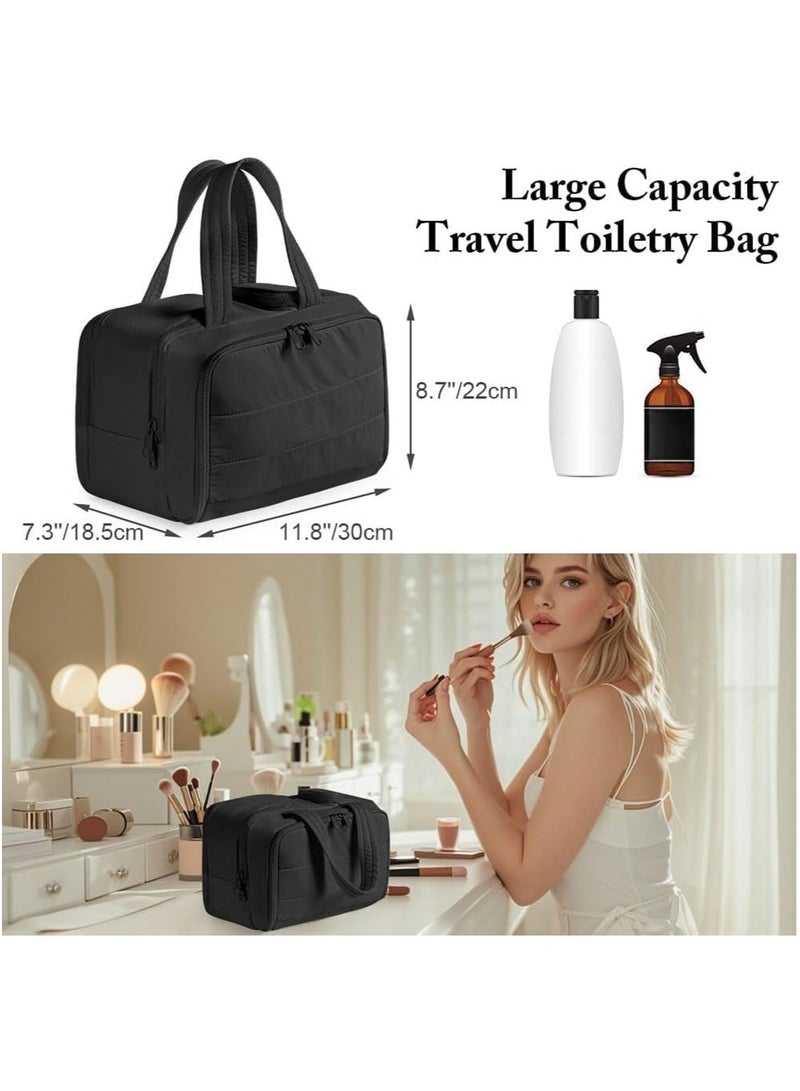 MarlaMall حقيبة مستحضرات التجميل، حقيبة مكياج محمولة مقاومة للماء، حقائب تجميل سفر واسعة بسعة كبيرة، حقائب مستحضرات التجميل متعددة الوظائف 4 في 1 للسيدات مع مقبض (أسود) - Image 2