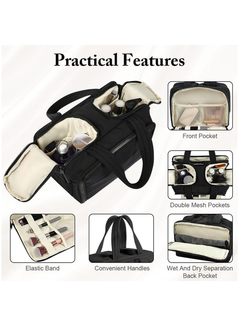 MarlaMall حقيبة مستحضرات التجميل، حقيبة مكياج محمولة مقاومة للماء، حقائب تجميل سفر واسعة بسعة كبيرة، حقائب مستحضرات التجميل متعددة الوظائف 4 في 1 للسيدات مع مقبض (أسود) - Image 4
