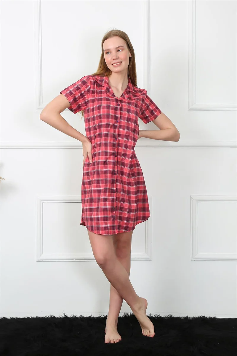 Akbeniz Women's Woven Fabric Front Buttoned Red Tunic Nightgown 1030