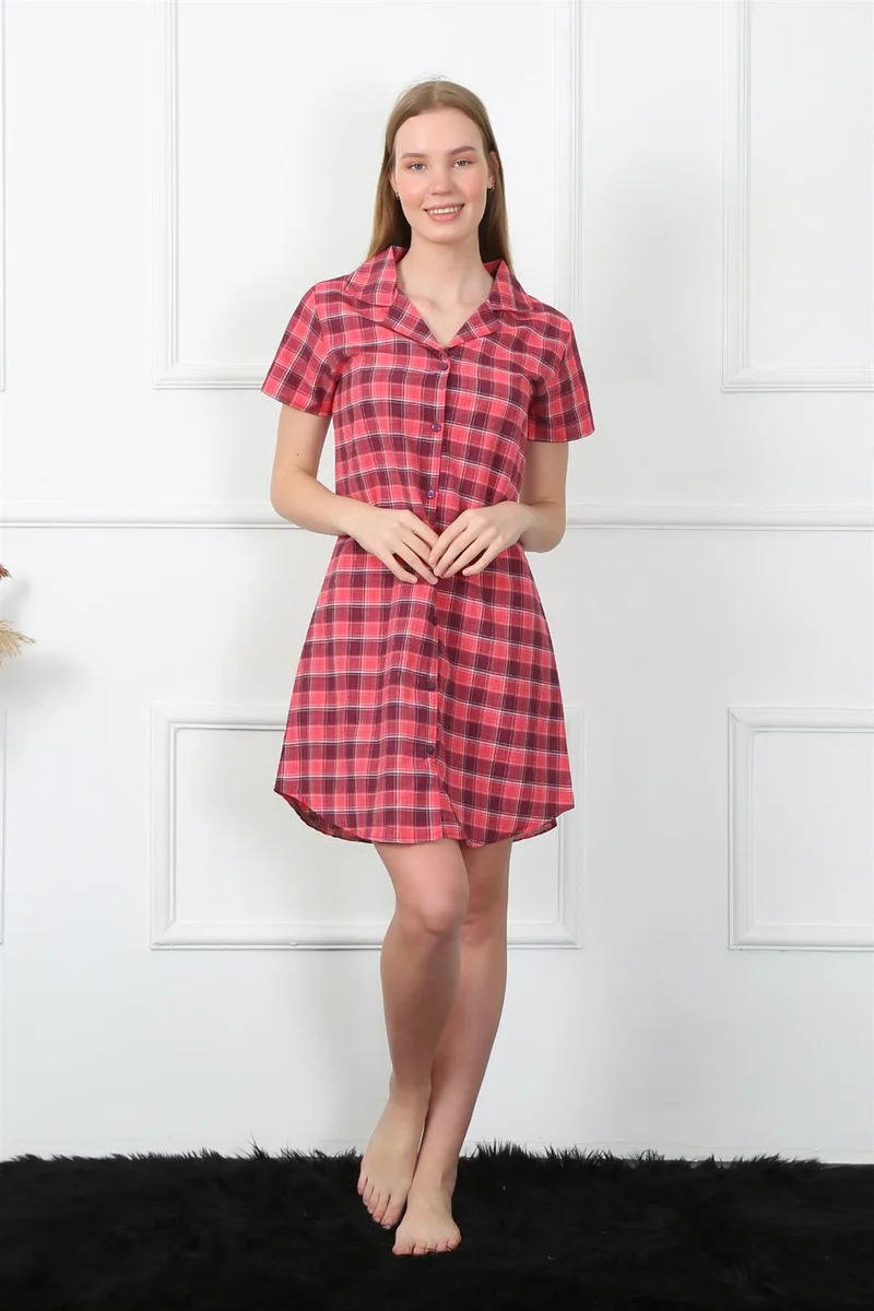 Akbeniz Women's Woven Fabric Front Buttoned Red Tunic Nightgown 1030