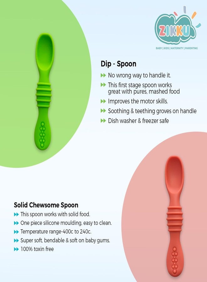 Zikku First Stage Self-Feeding Training Spoons, BPA Free, Gum Friendly for Babies 6M+, LED Weaning Silicone Spoons, Set of 2 (Green) - Image 2