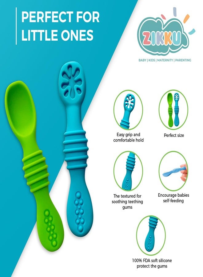Zikku First Stage Self-Feeding Training Spoons, BPA Free, Gum Friendly for Babies 6M+, LED Weaning Silicone Spoons, Set of 2 (Green) - Image 4