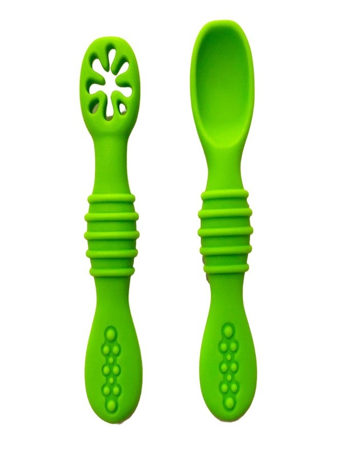 Zikku First Stage Self-Feeding Training Spoons, BPA Free, Gum Friendly for Babies 6M+, LED Weaning Silicone Spoons, Set of 2 (Green) - Image 1