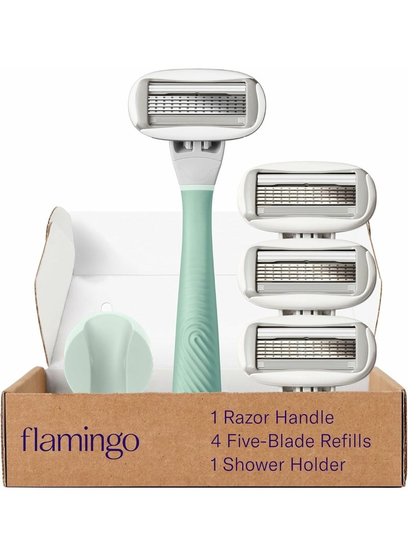 Flamingo 1 Women's Razor Handle (Sage), 4 Razor Five-Blade Refills, and 1 Shower Holder - Image 1