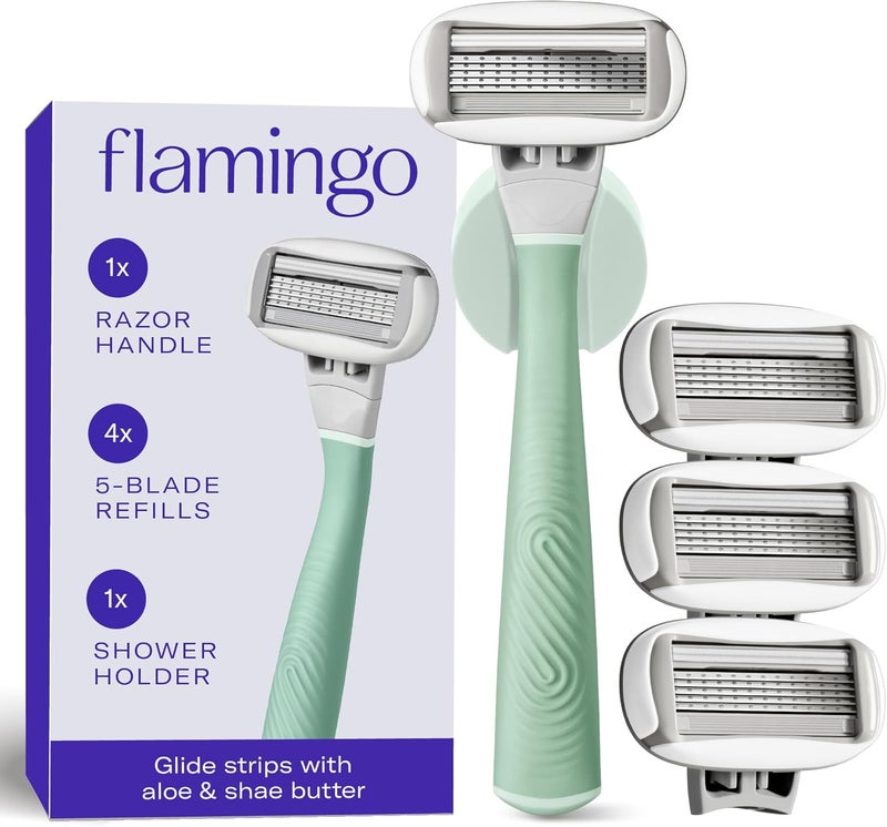 Flamingo مقبض ماكينة حلاقة فلامينغو 1 للنساء (ساج)، 4 شفرات حلاقة بخمسة شفرات، وحامل دش واحد - Image 1