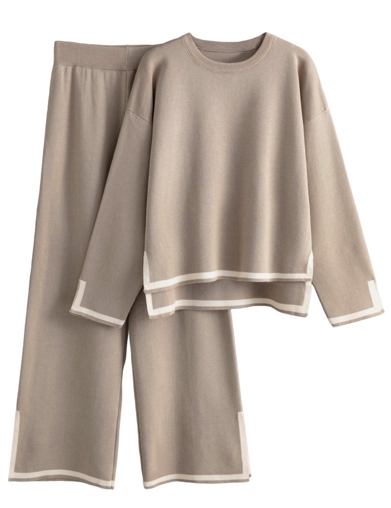 Tanming Women's 2 Piece Outfits Long Sleeve Knit Sweater Top Wide Leg Pants Lounge Sets Tracksuits (Khaki, X-Large) - Image 1