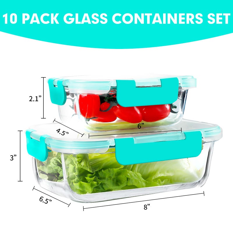 VERONES 10Pack Glass Meal Prep Containers, Airtight Glass Lunch Containers,Stackable Glass Food Storage Containers Set with Lids,Exclusive of BPA, for Microwave,Oven, Freezer&Dishwasher Friendly,Green - Image 2
