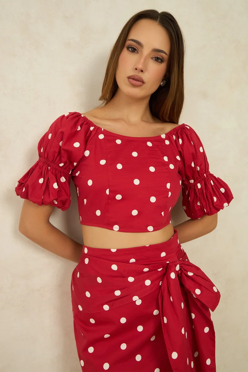 فيرجيو Printed  Cotton Polka Crop Top With Puff Sleeves for Women