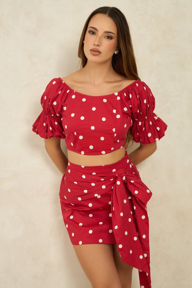 Virgio Printed  Cotton Polka Crop Top With Puff Sleeves for Women - Image 1