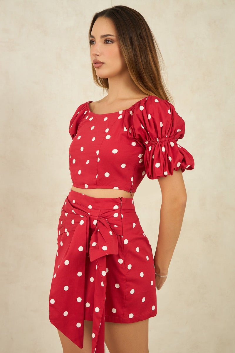 Virgio Printed  Cotton Polka Crop Top With Puff Sleeves for Women - Image 3