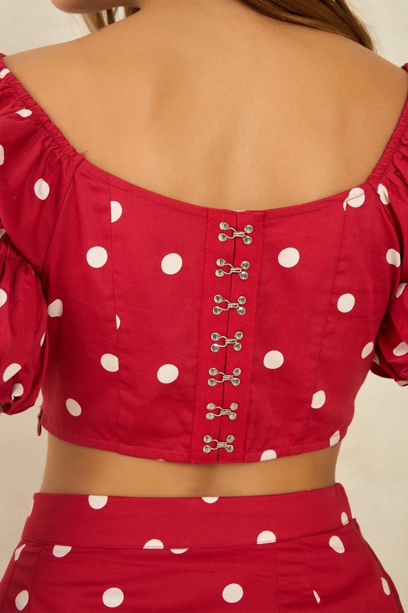Virgio Printed  Cotton Polka Crop Top With Puff Sleeves for Women - Image 5