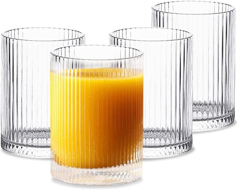 INSETLAN Glass Cups Vintage Glassware Set of 4 Small, Origami Style Transparent Cocktail Glasses Set, Bar Beverages Ice Coffee Cup Juice Ripple Drinkware, 270ml (S) - Image 1