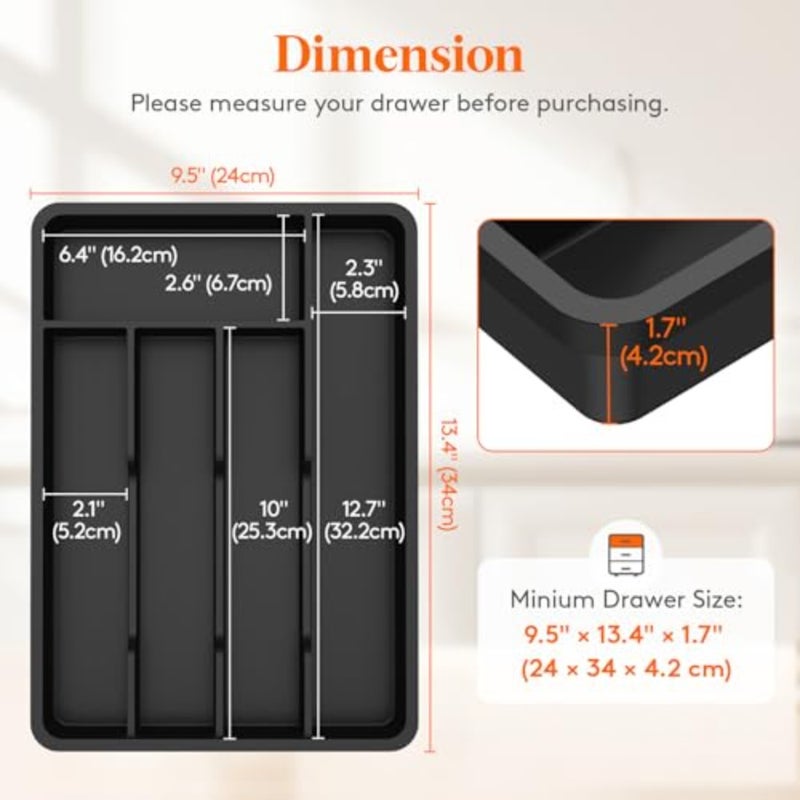 Silverware Drawer Organizer Tray, Plastic Cutlery Storage for Kitchen, Flatware and Utensil Holder Divider for Spoons Forks Knives Tableware, 9.5 x 13.4", 5 Slots, Black - Image 2