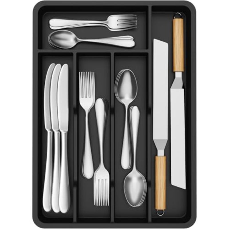 Silverware Drawer Organizer Tray, Plastic Cutlery Storage for Kitchen, Flatware and Utensil Holder Divider for Spoons Forks Knives Tableware, 9.5 x 13.4", 5 Slots, Black - Image 1