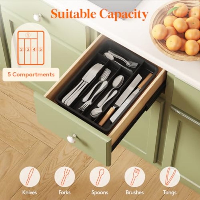 Silverware Drawer Organizer Tray, Plastic Cutlery Storage for Kitchen, Flatware and Utensil Holder Divider for Spoons Forks Knives Tableware, 9.5 x 13.4", 5 Slots, Black - Image 3