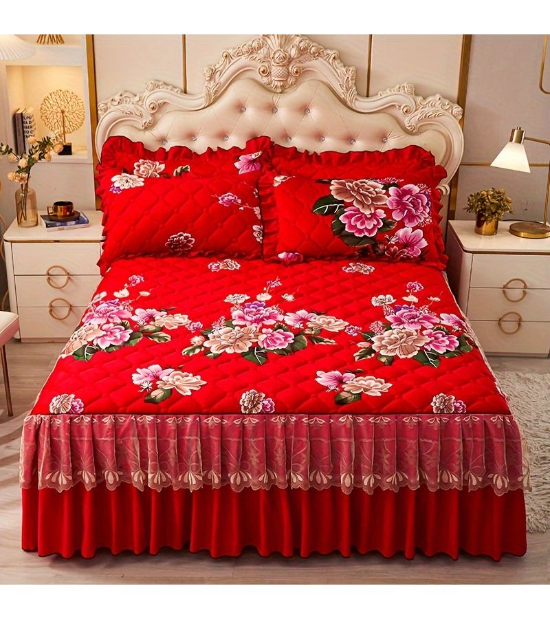 King Red Velvet Quilted Lace Bed Skirt Set With Pillowcase Skin Friendly Machine Washable - Image 4