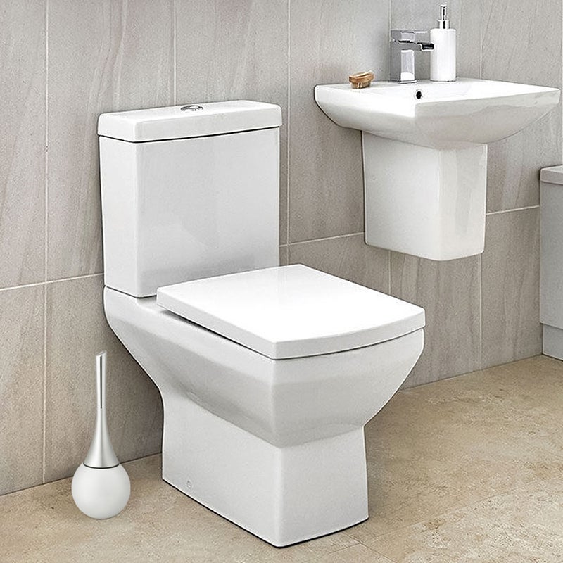 Creative Bathroom Toilet Scrub Cleaning Brush Holder Set with Stainless Steel Base (White) - Image 2