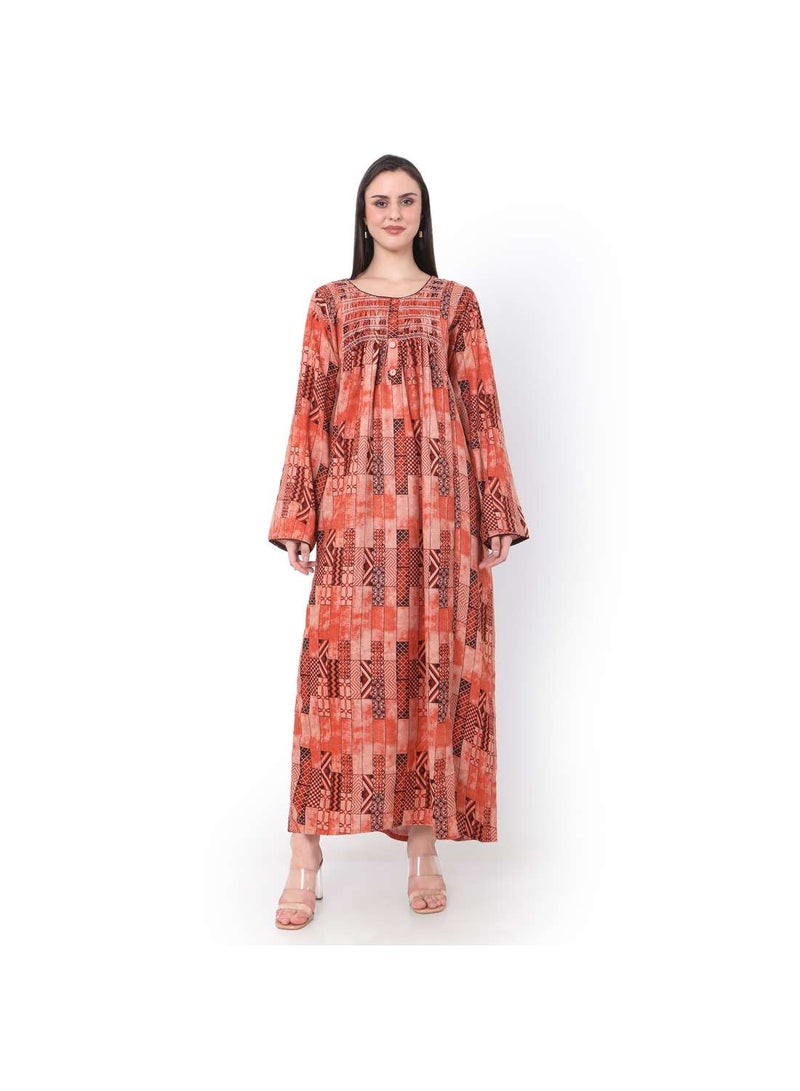 HANA & SARA LONG PRINTED FRONT BUTTON STYLED LONG SLEEVE CASUAL ARABIC KAFTAN JALABIYA DRESSES - Image 1
