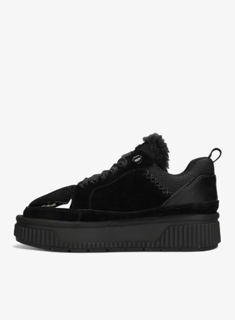 Mexx BLACK Panelled Lace-Up Sneakers with Faux Fur Trim for Women | Best Price UAE
