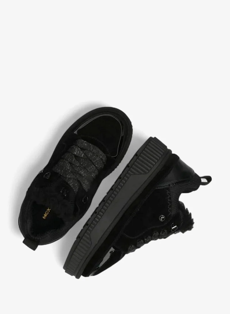 Mexx BLACK Panelled Lace-Up Sneakers with Faux Fur Trim for Women | Best Price UAE