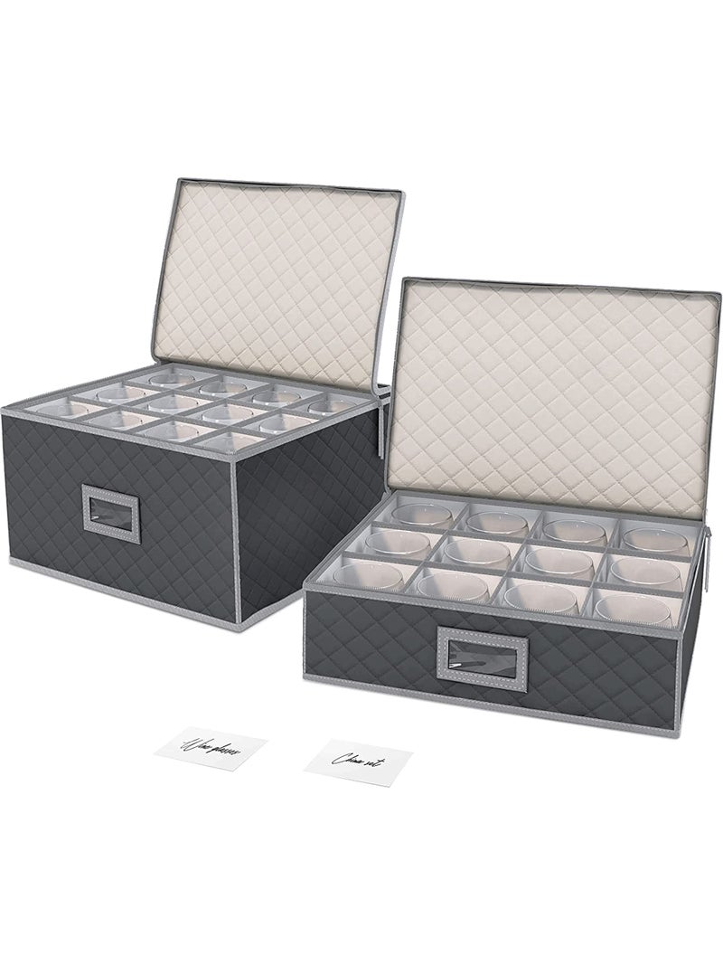 Woffit Wine Glass Storage  Set of 2 Quilted Packing Containers for Mugs  Glassware  Stemware and Coffee Cup Kit 12pcs per Box wInsert Cards for Labelling  Gray